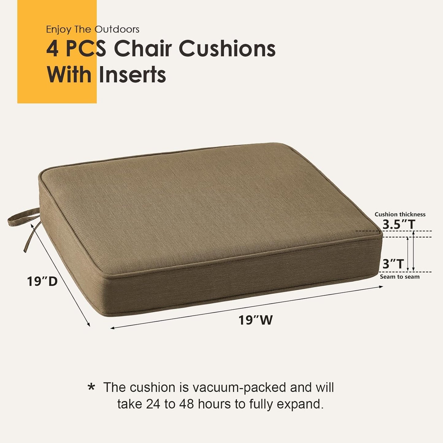 Outdoor Sunbrella Square Corner Seat Cushion, 19"x19"x3", Set of 4, Non Slip Seat Cushion Pads with Removable Cover for Patio Furniture, Garden Yard Lawn, Specrtum Caribou