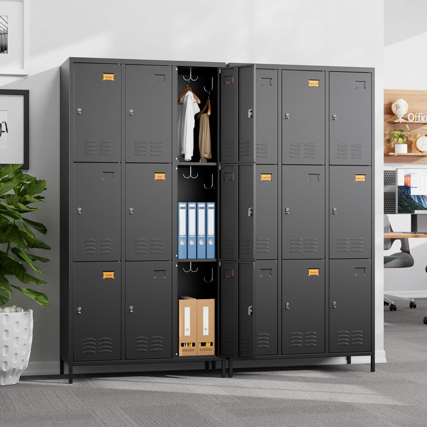 9 Doors Metal Lockers for Employees with 27 Hooks, Storage Locker with Business Card Holder for Office Gym School Bedroom, Assembly Required, Black