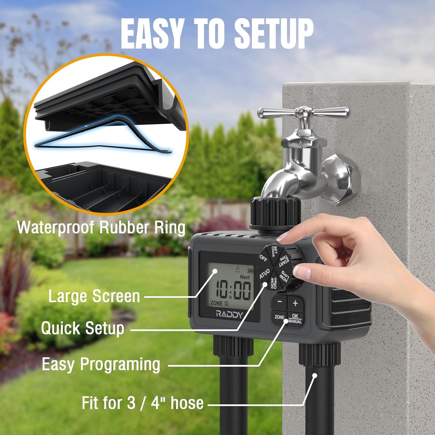 Raddy WS-5 Sprinkler Timer 2 Zone, Programmable Water Hose Timer 2 Outlet for Garden, Outdoor Automatic Irrigation System IP55 Waterproof with Rain Delay/Manual for Lawn, Yard, Pool