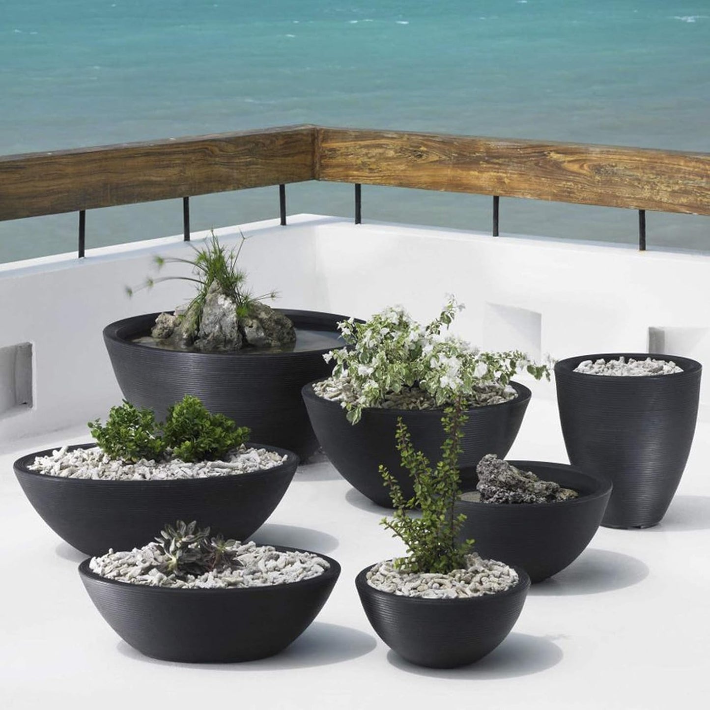 Crescent Garden Delano Bowl Planter, Indoor Outdoor Round Shallow Plant Pot for Water Garden, Bonsai Plant Pots, Succulents with Drain Hole - Double Walled Bowl Lotus Pot, 16" W (Slate)