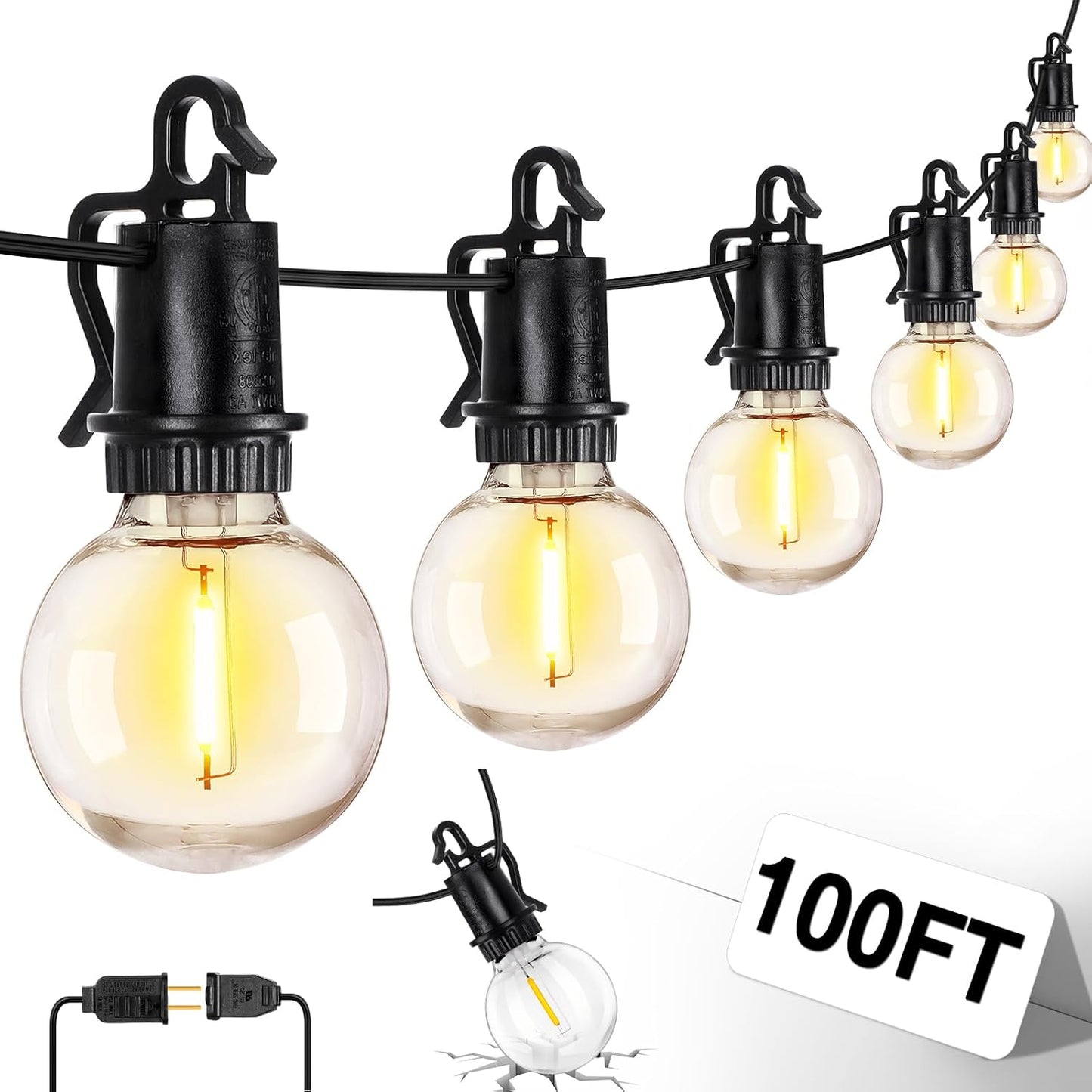 ZJOJO 100FT Outdoor String Lights, G40 Globe Outdoor Lights with 50 Shatterproof LED Bulbs (3 Spare), IP65 2700K Hanging Waterproof Patio Light String Lights for Outside Backyard Porch Party