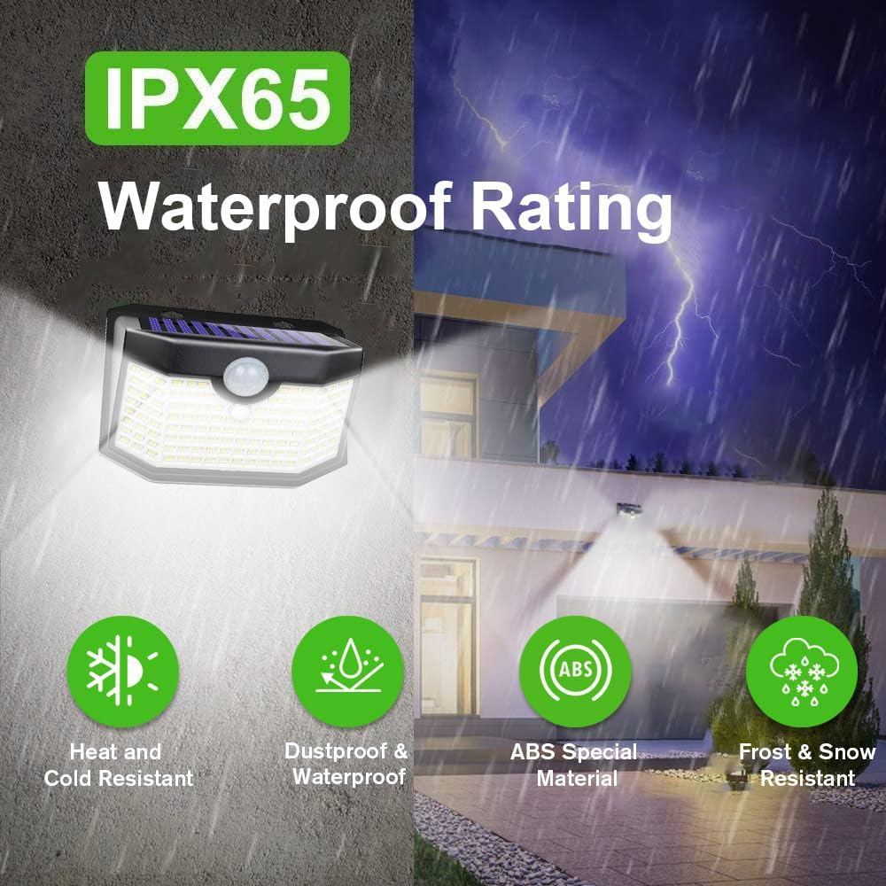HMCITY 120 LED Outdoor Solar Lights with Motion Sensor and 3 Lighting Modes, IP65 Waterproof Wide Solar Wall Lights Ideal for Garden Patio Yard (Front Button 4Packs, Daylight White)