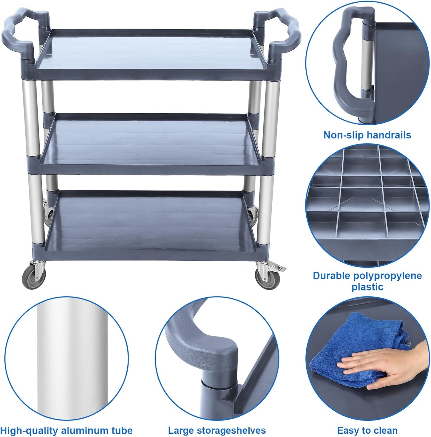 Utility Service Cart 3 Shelf, Rolling Push Cart with Brake Wheel, Plastic Heavy Duty 3-Tier Food Service Cart for Office, Warehouse, Garage, Restaurant, Cleaning, 360lbs Capacity, Gray