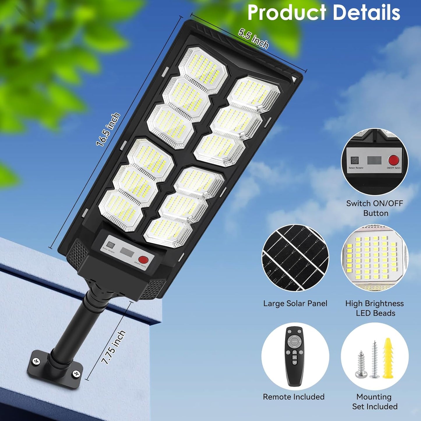 2 Pack Solar Street Lights Outdoor Waterproof 6500K 13000LM LED Solar Flood Lights Dusk to Dawn Parking Lot Light with Motion Sensor and Remote Control for Commercial Area Lighting Yard