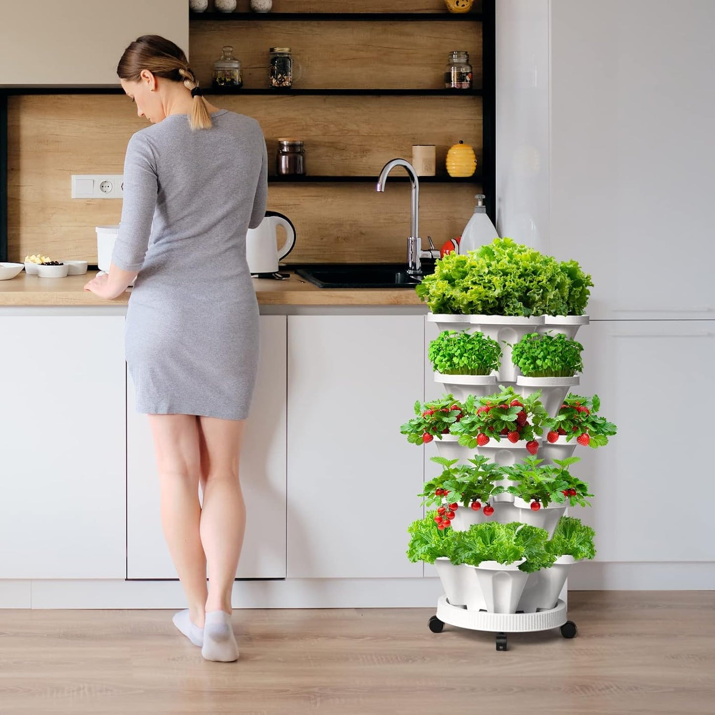Strawberry Vertical Planter, 5 Tiered Stacking Garden Tower, Stackable Herb Vegetable Planters with Support Pole Indoor and Outdoor - Black
