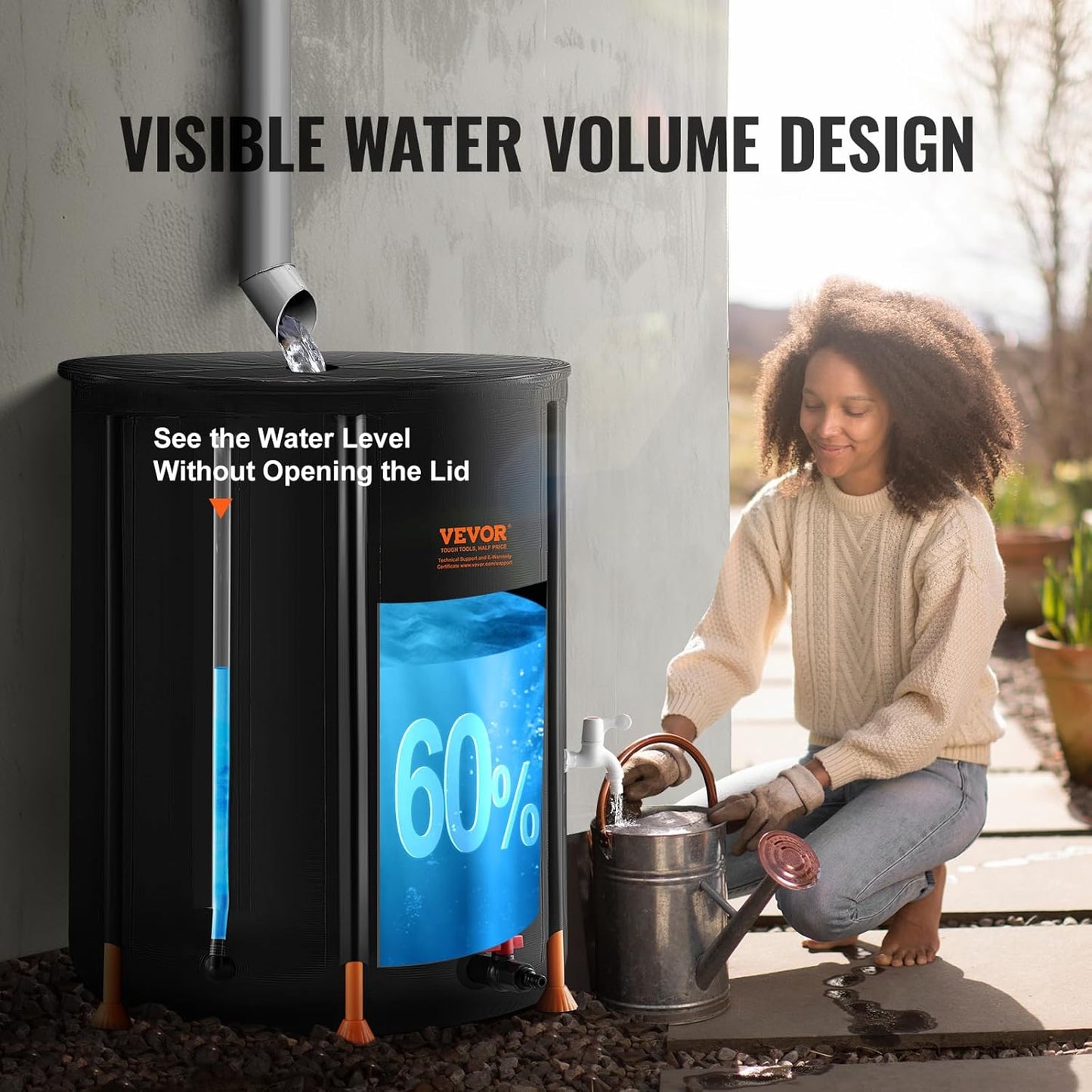 VEVOR Collapsible Rain Barrel, 100 Gallon/380 L Portable Water Tank, PVC Rainwater Collection Barrel with Spigots and Overflow Kit, Water Barrel for Garden Water Catcher