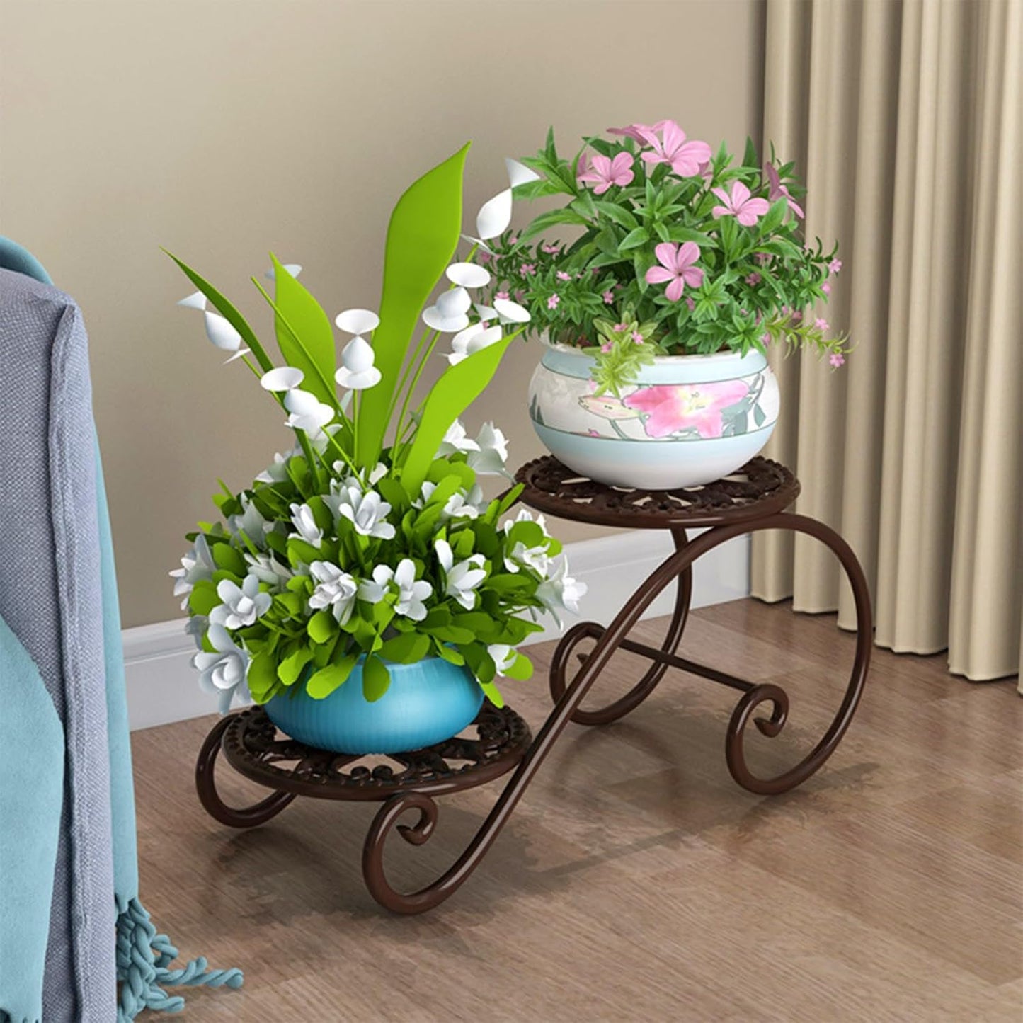 2 Tier Golden Plant Stand for Indoors, Beautiful Appearance And Cute Shape. Brown 1 Pcs