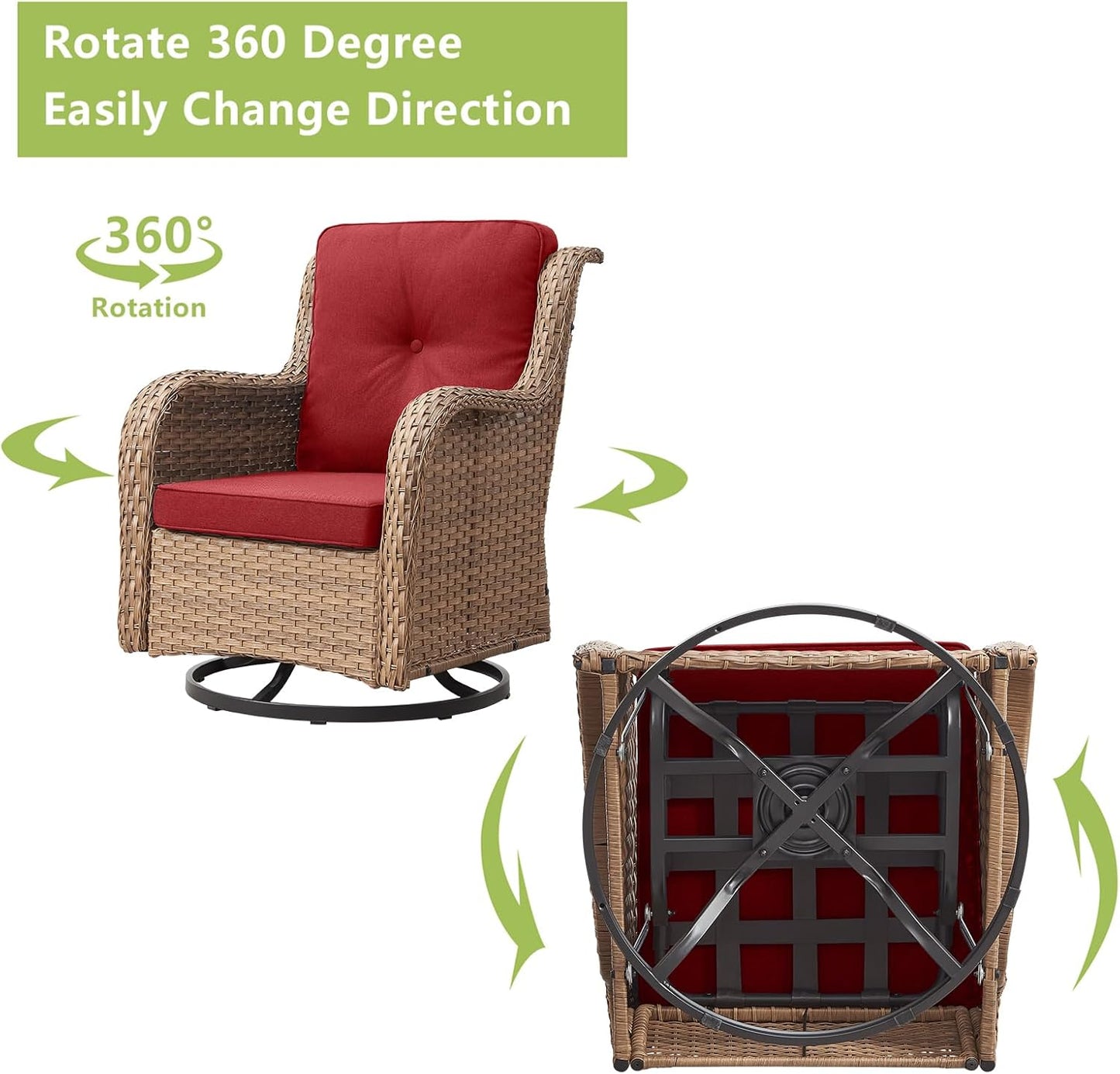 Outdoor Wicker Patio Furniture Set - 6 Piece Rattan Patio Conversation Set with 2 Rocking Swivel Chairs,2 Ottomans,1 Loveseat and 1 Side Table for Porch Deck Backyard Garden(Yellow/Red)