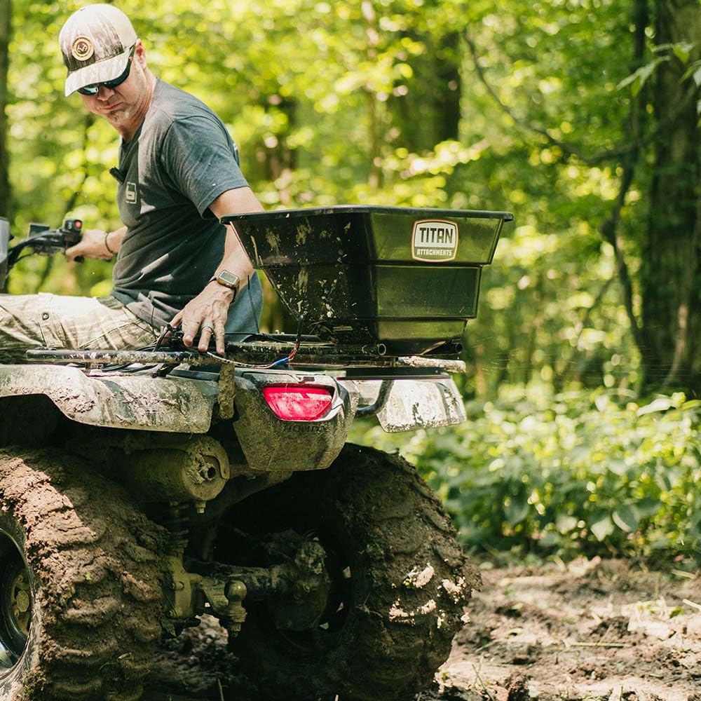 Titan Attachments 12 Volt ATV/UTV Broadcast Spreader, 80 LB Capacity, Back or Front Mounting for ATV, UTV, Or Utility Tractor, Lawn and Garden Seed Spreader with Rain Cover