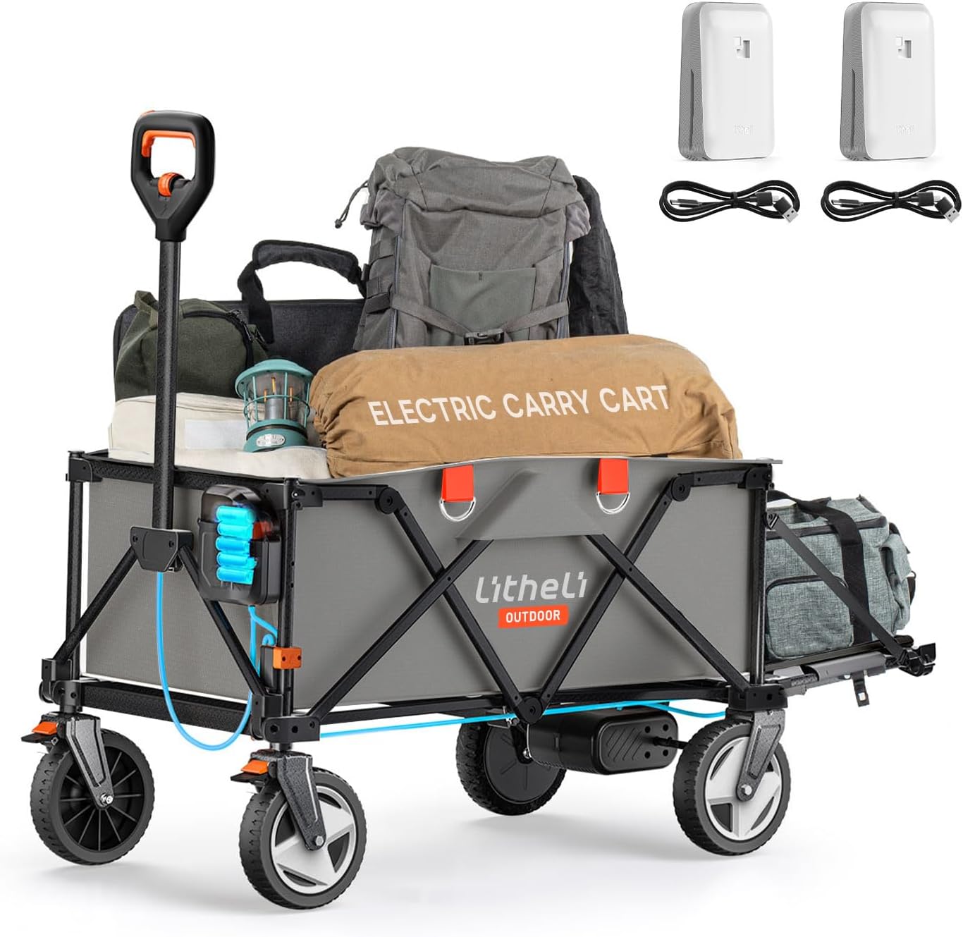 Litheli Electric Utility Wagon Cart, 200L Capacity, 300 lbs Load, Foldable Heavy-Duty Design with All-Terrain Wheels, Variable Speed Drive & Battery Power for Camping, Beach, Garden & Shopping