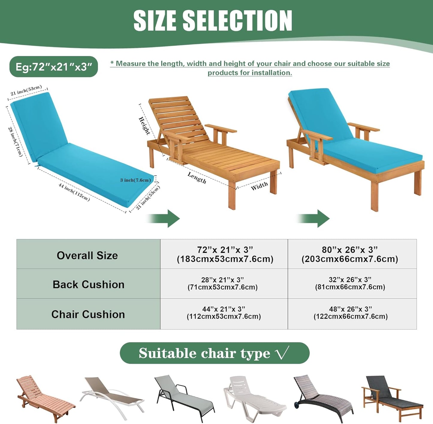 Chaise Lounge Cushions Outdoor Set of 2 - Waterproof and Fade Resistant Sun Lounger Replacement Cushions - Patio Lounger Pads with Removable Cover for Pool, Deck, Lawn, 72 x 21 x 3 Inch, Teal