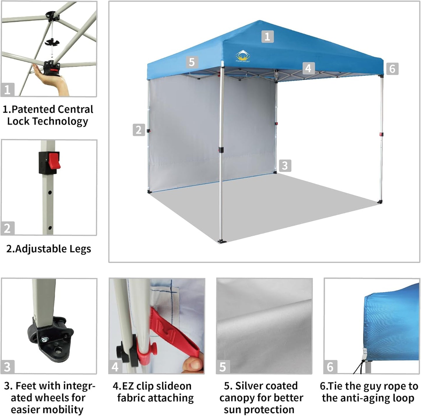 CROWN SHADES 8x8 Pop Up Canopy with 1 Side Wall - Beach Tent with One Push Setup - Outdoor Sun Shade for Events, Parties, Camping - Gazebo with STO-N-Go Cover Bag (Sky Blue)
