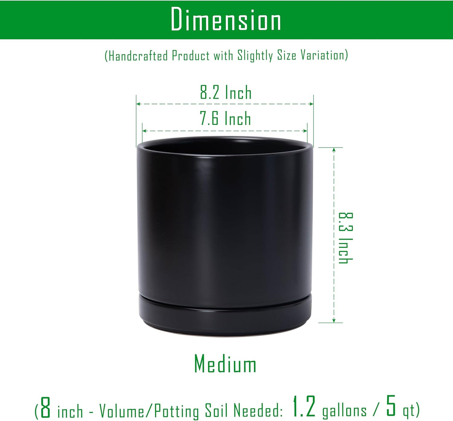 D'vine Dev Set of 2 Plants Pots, 8.2 Inch Ceramic Planter Pot for Plants with Drainage Hole and Saucer, Black, 94-V-D-2