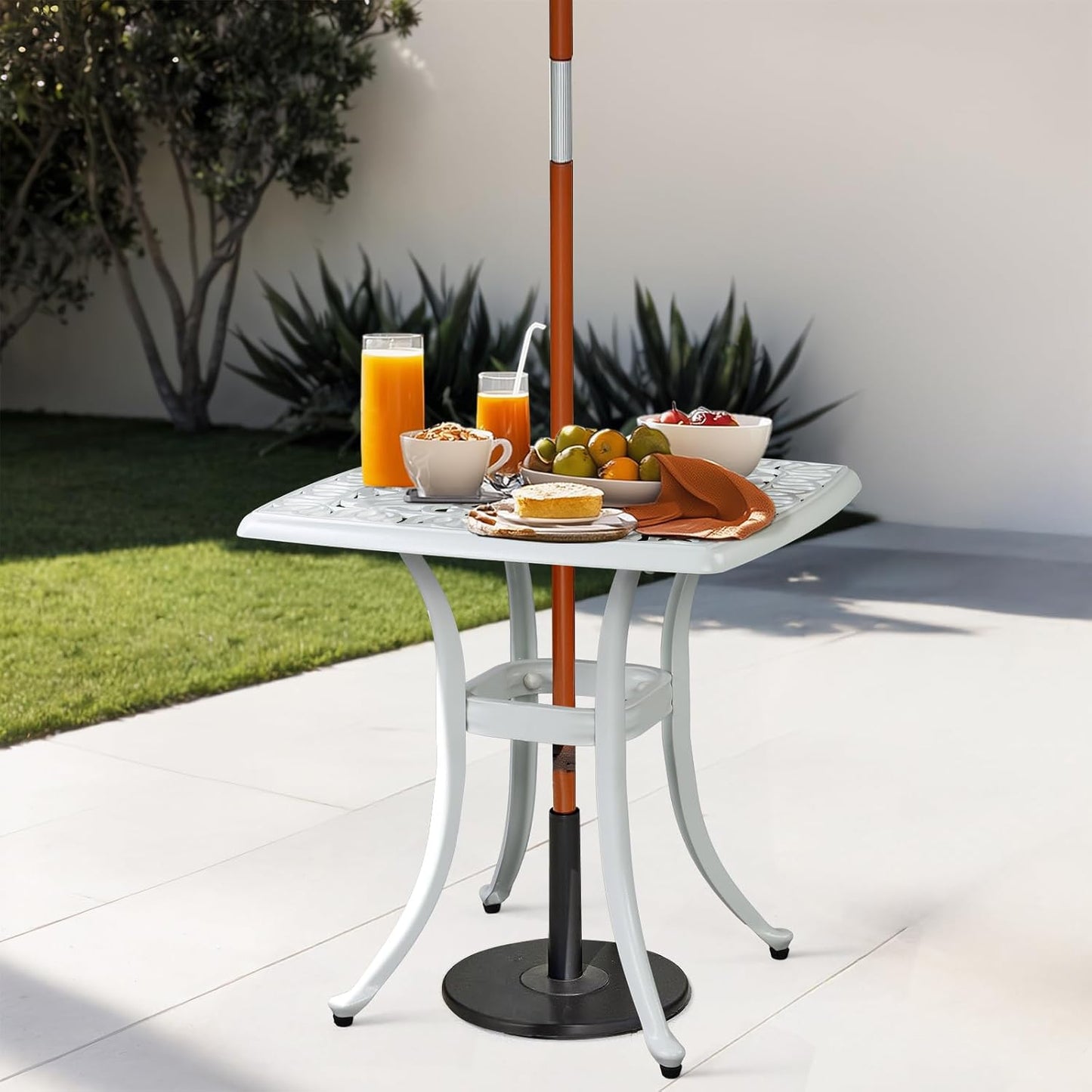 Outvita Patio Side Table, 21.3in Outdoor Square Cast Aluminum Bistro Table with Umbrella Hole and Antique Design for Backyard Porch Pool Balcony Deck White