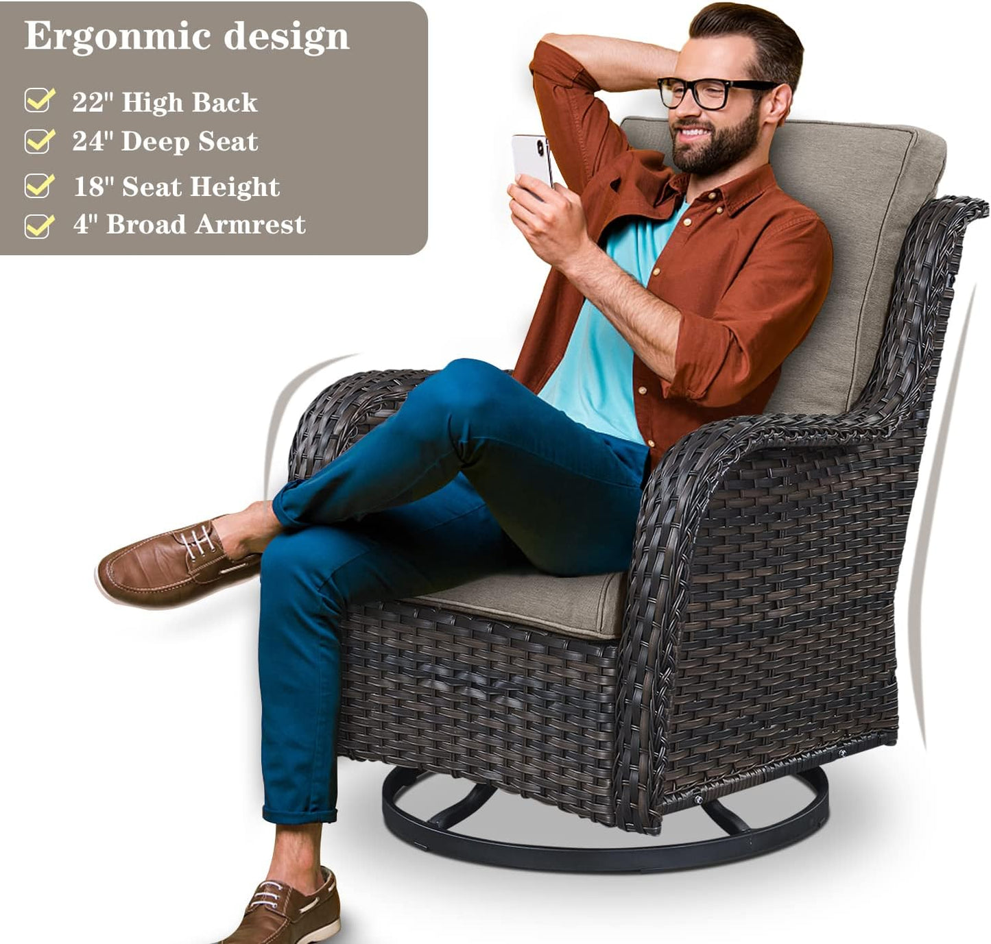 5 Pieces Patio Furniture Sets Wicker Outdoor Furniture, Rattan Patio Swivel Glider Chairs with 2 Ottoman and Glass Side Table