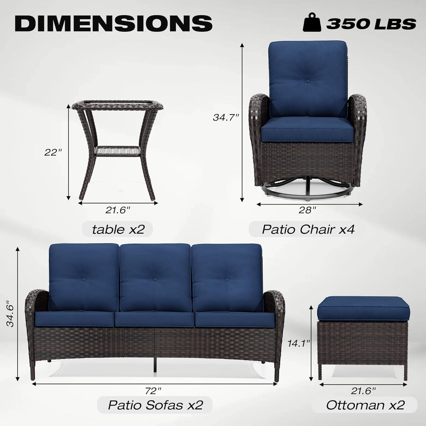 Joyside 10 Piece Patio Furniture Set, Outdoor Wicker Conversation Sets with Swivel Rocker Chairs and Sofa, Thick Cushion, Rattan Patio Sectional for Porch, Deck Use (Brown/Blue, 10 PCS)
