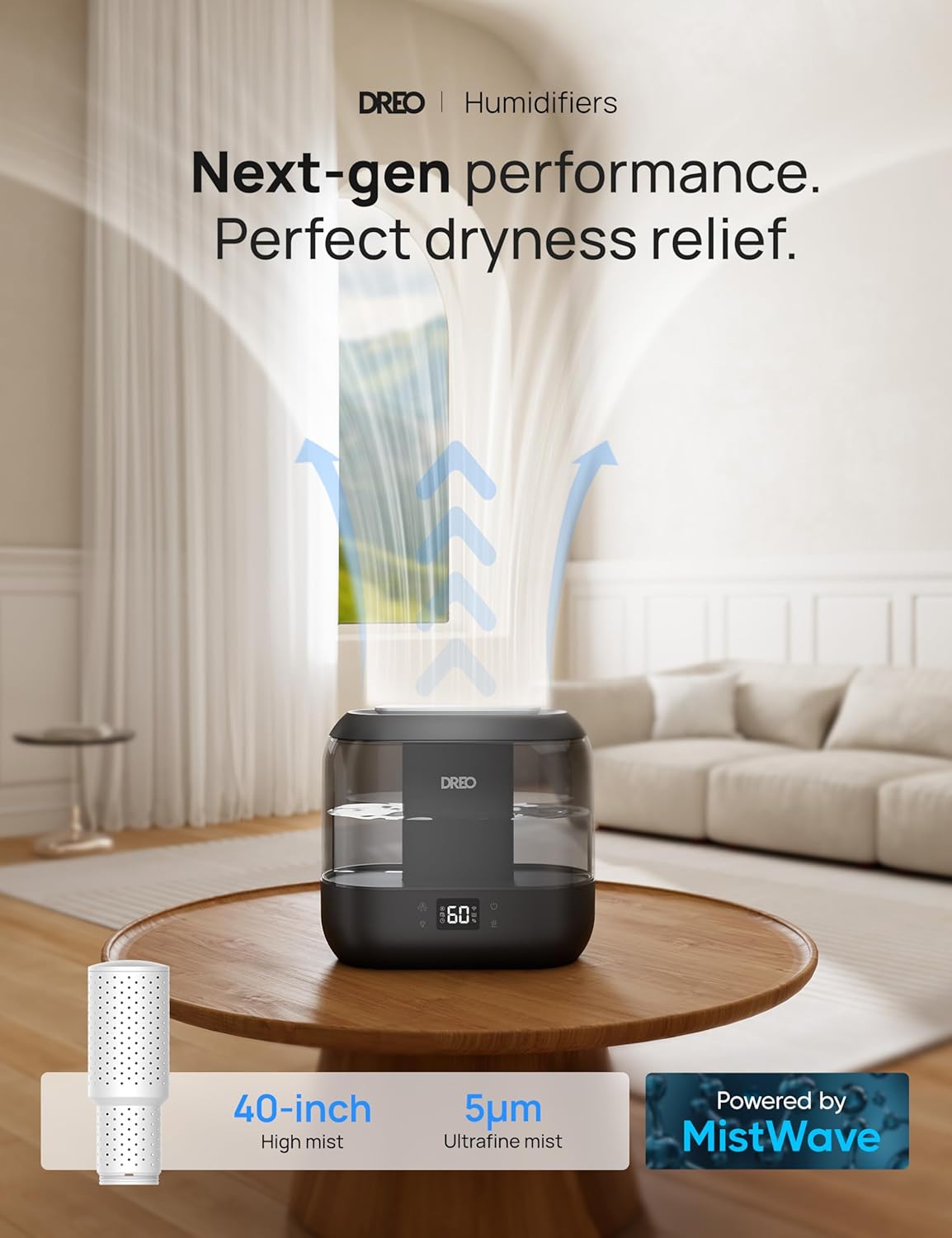 Dreo Humidifiers for Bedroom, Top Fill 4L Smart Cool Mist Humidifier with Oil Diffuser, Cartridge, Nightlight, 36H Runtime, Quiet Ultrasonic Humidifiers for Home, Baby Nursery, Plants, Office, HM311S