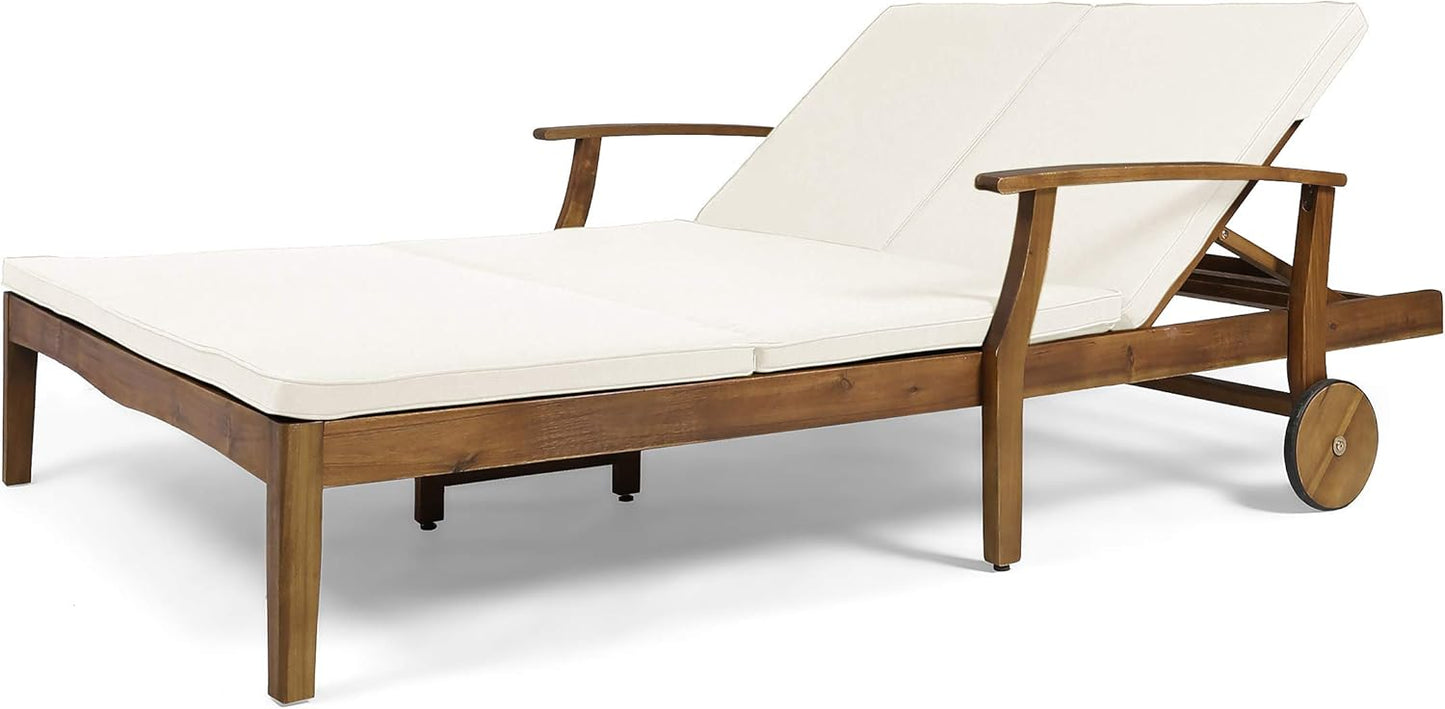 Great Deal Furniture Samantha Double Chaise Lounge for Yard and Patio, Acacia Wood Frame, Teak Finish with Cream Cushions, (307569)