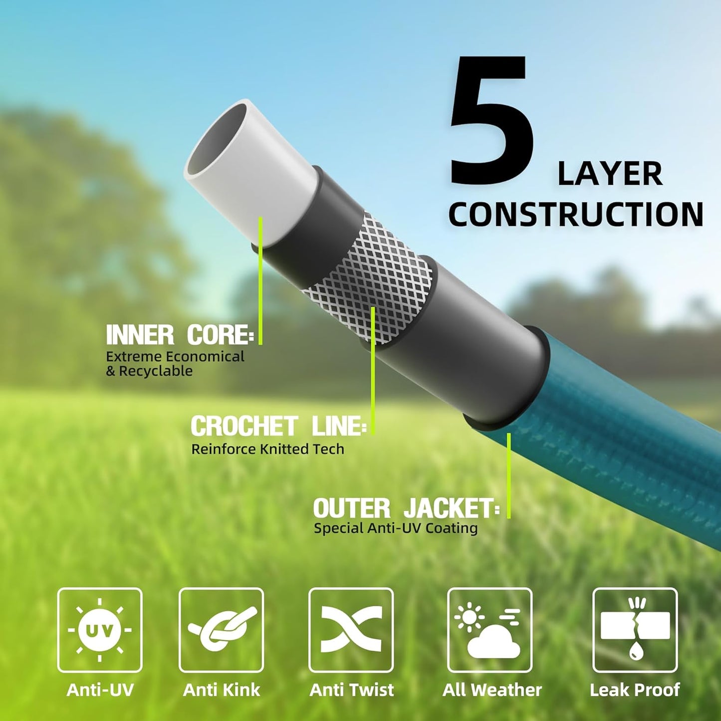 Worth Leader Short Garden Hose 3/4 in. x 2 ft. -Heavy Duty,Durable,Lightweight,Male to Female Fittings -No Kink Leakproof PVC Flexible Water Pipe -Brass Aluminum Ends for Household & Commercial -Green