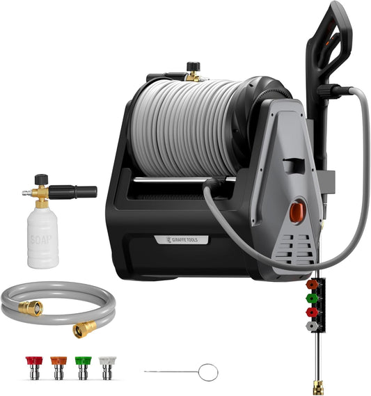 Giraffe Tools Grandfalls Pressure Washer Plus+, Electric Wall Mount Power Washer with 100FT Ultra-Soft Pressure Hoses, 2900PSI, 2.2GPM, 4 Nozzles, Foam Cannon for Cars/Patios, Dark Silver