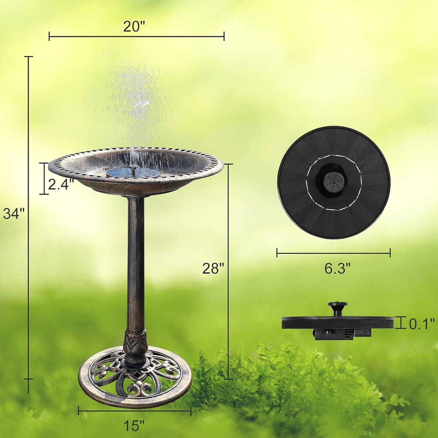 VINGLI 28 Inch Bird Bath with Solar Fountain Antique Copper Weather Resistant Resin Pedestal Birdbaths Floral Accents and Vintage Finish Garden Decor for Outdoor Lightweight Courtyard…