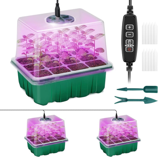 Seed Starter Tray with Plant Light, 2 Pack Grow Lights for Seed Starting Kit with Humidity Domes, Timing Controller Adjustable Brightness for Greenhouse Propagator Station Planting Growing