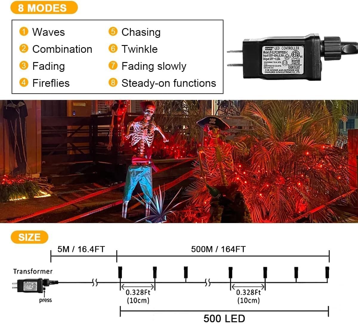 weillsnow 164FT 500 LED Orange Halloween Lights, 8 Modes Waterproof Plug in String Lights for Halloween Indoor Outdoor Yard Party Wedding Garden Home Decorations (Orange)