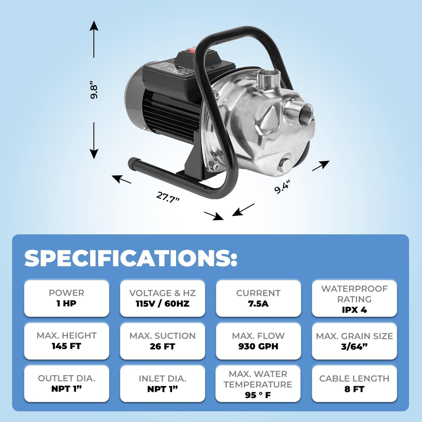 XtremepowerUS 1HP Portable Shallow Well Pump Water Transfer Pump 930GPH Pressure Booster Pump Irrigation Lawn Farm Water Removal