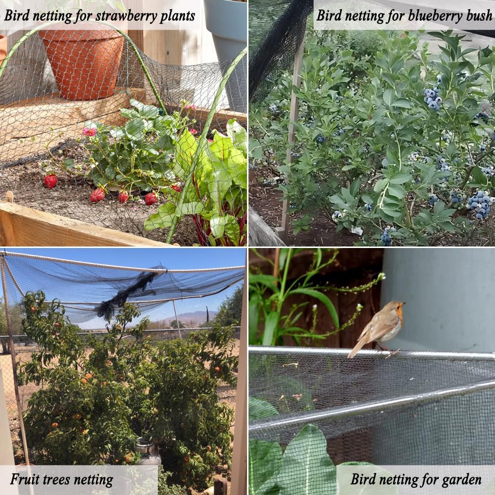 Junflying Bird Netting, 15x15 FT – 1/2" Mesh, Woven Black Netting for Garden Protection with Ties, Protects Vegetables, Fruit Trees, Blueberry Bushes & Strawberry Plants