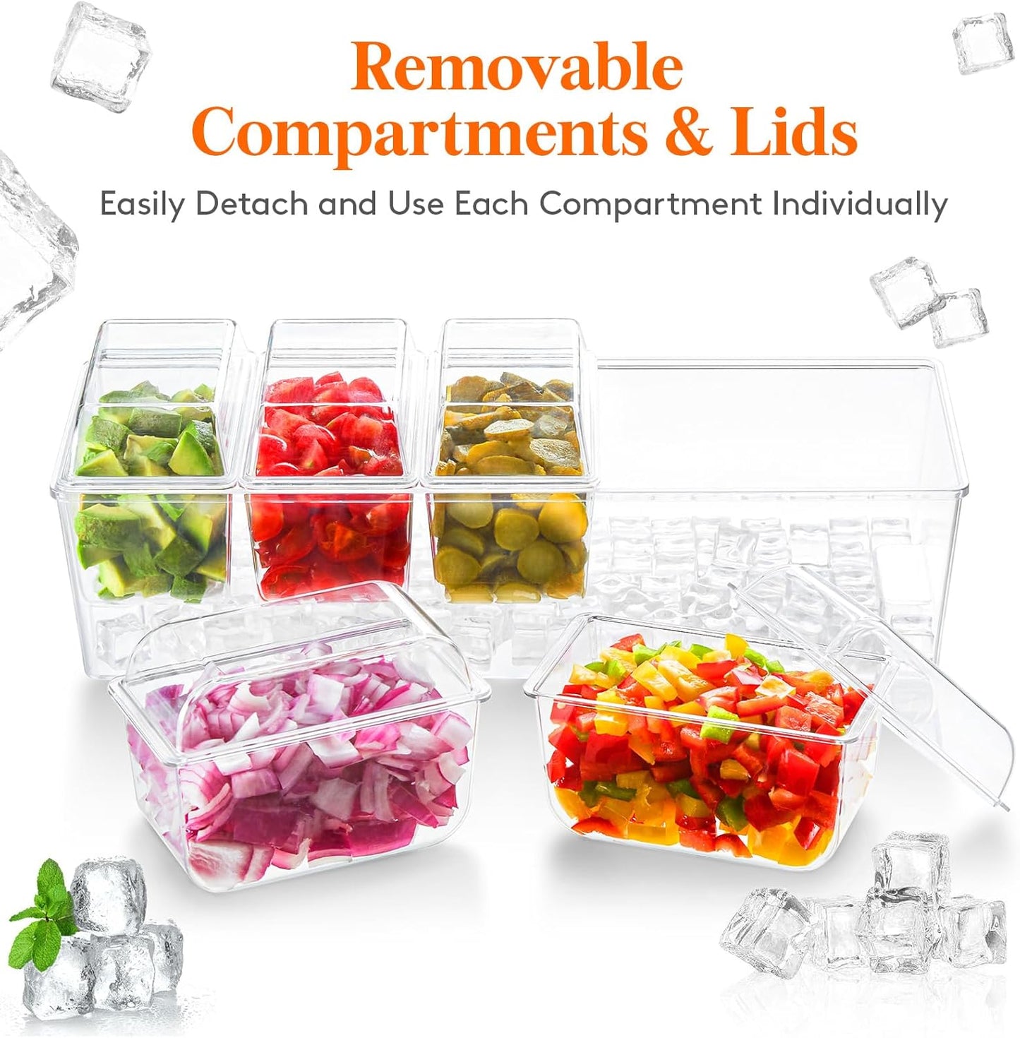 Lifewit 4 Pack Ice Chilled Condiment Caddy with 5 Containers(2.5 cup), Condiment Server with Separate Lids, Serving Tray Platter for Bar Accessories, Fruit, Salad, Taco, Party Garnish