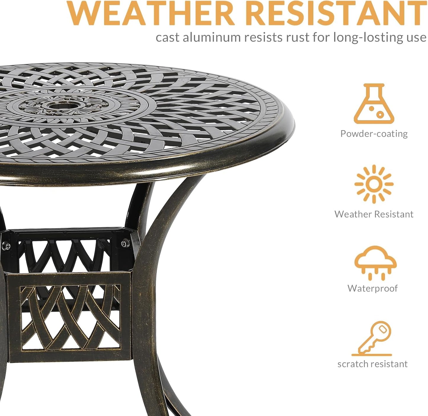3-Piece Outdoor Patio Dining Set, All-Weather Cast Aluminum Patio Furniture Set for Backyard Garden Deck with 2 Cushioned Chairs and 31” Round Table, 2" Umbrella Hole, Ocean Blue