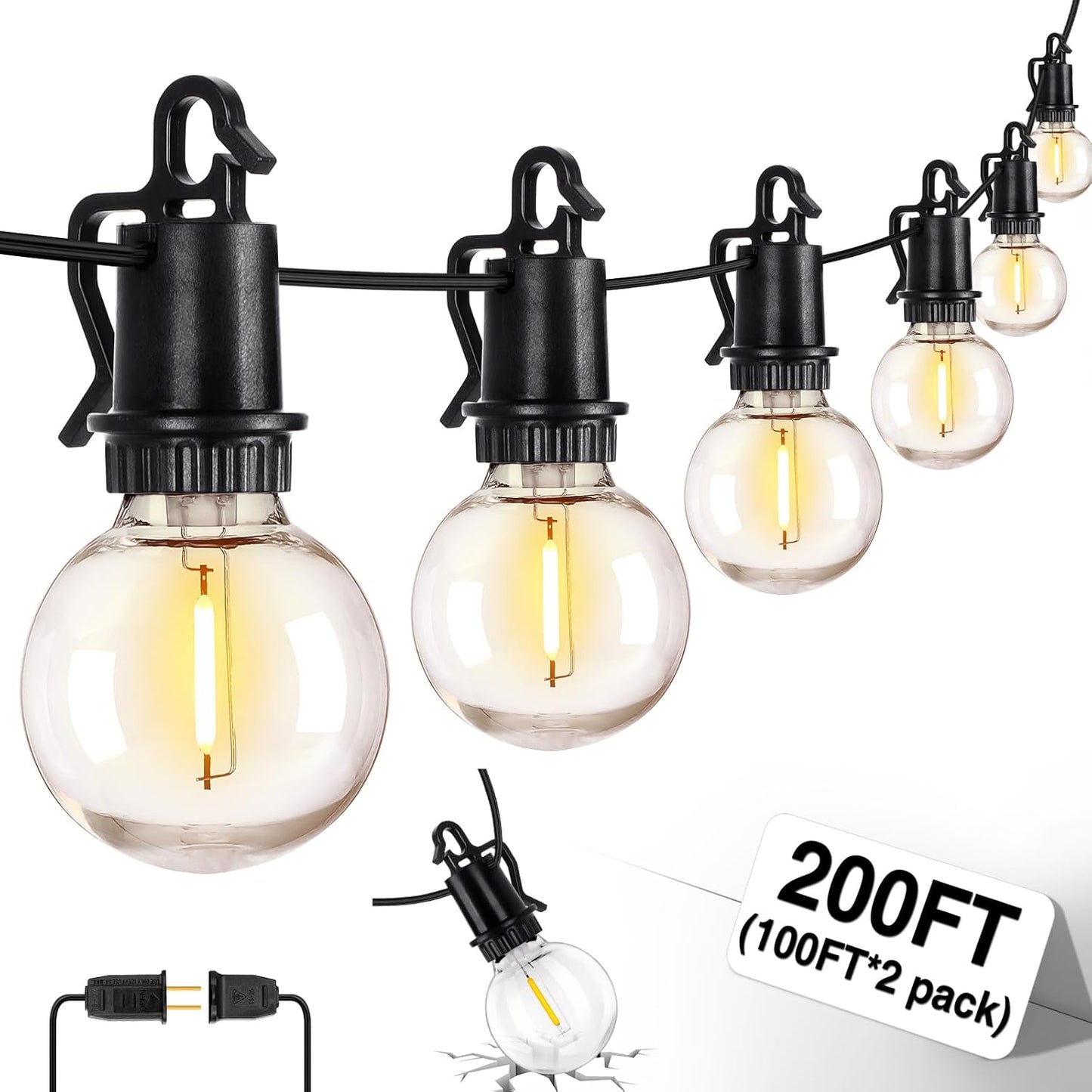 ZJOJO 200FT Outdoor String Lights, G40 Globe Outdoor Lights with 100 Shatterproof LED Bulbs (6 Spare), 2700K Hanging Waterproof Patio Light, Connectable String Lights for Outside Backyard Porch Party