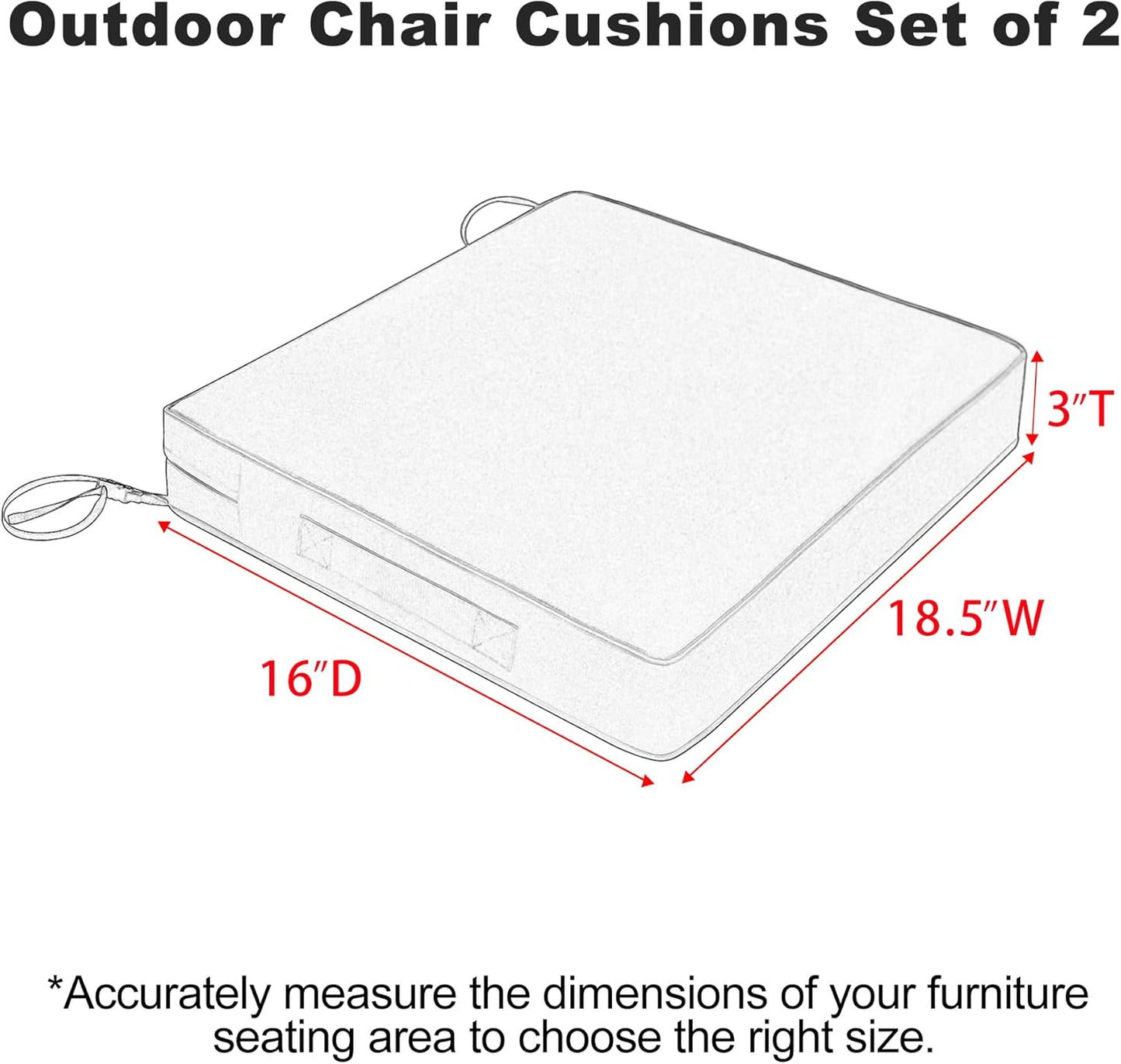 Favoyard Patio Chair Cushions 18.5 x 16 x 3 Inch Waterproof Outdoor Seat Cushions for Patio Furniture 3-Year Color Fastness Garden Sofa Couch Chair Pads with Handle & Adjustable Straps Set of 2, Grey