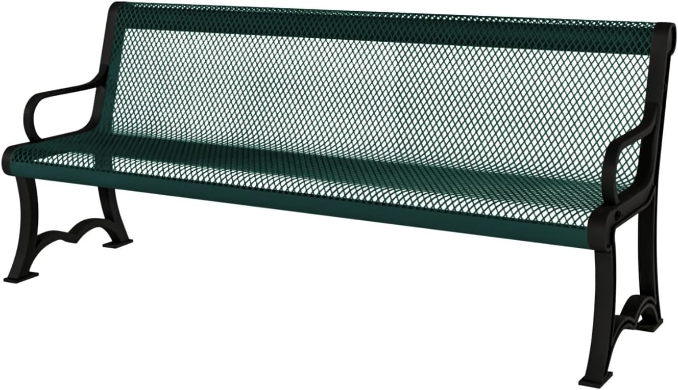 Heavy-Duty Outdoor Bench Thermoplastic Coated, Expanded Metal, Commercial-Grade Garden Bench, Made in America (Portable with Back, 4 Ft, Textured Green)