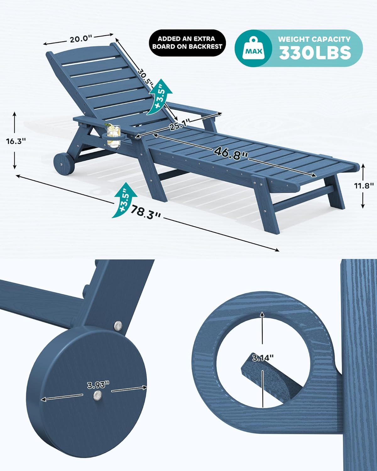 SERWALL Patio Chaise Lounge Chair Set of 2 with 9FT Patio Umbrella, 78'' HDPE Outdoor Lounger, Poly Lounge Chair with Rolling Wheels & Cup Holder for Pool,Blue (Umbreall Base not Included)