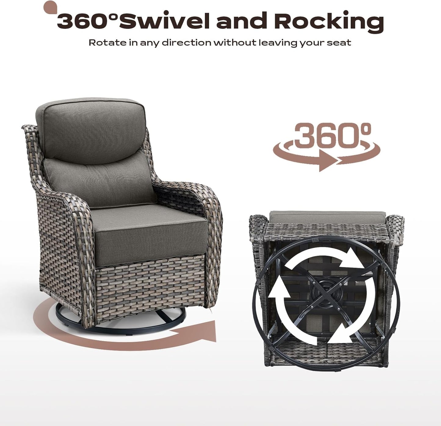 Wicker Outdoor Patio Furniture Set - 7 Piece Patio Conversation Sets with Swivel Rocker Chairs, Ottomans and Sofa, 6 inch Cushions, Waterproof Wicker, for Porch Deck Mixed Grey/Grey