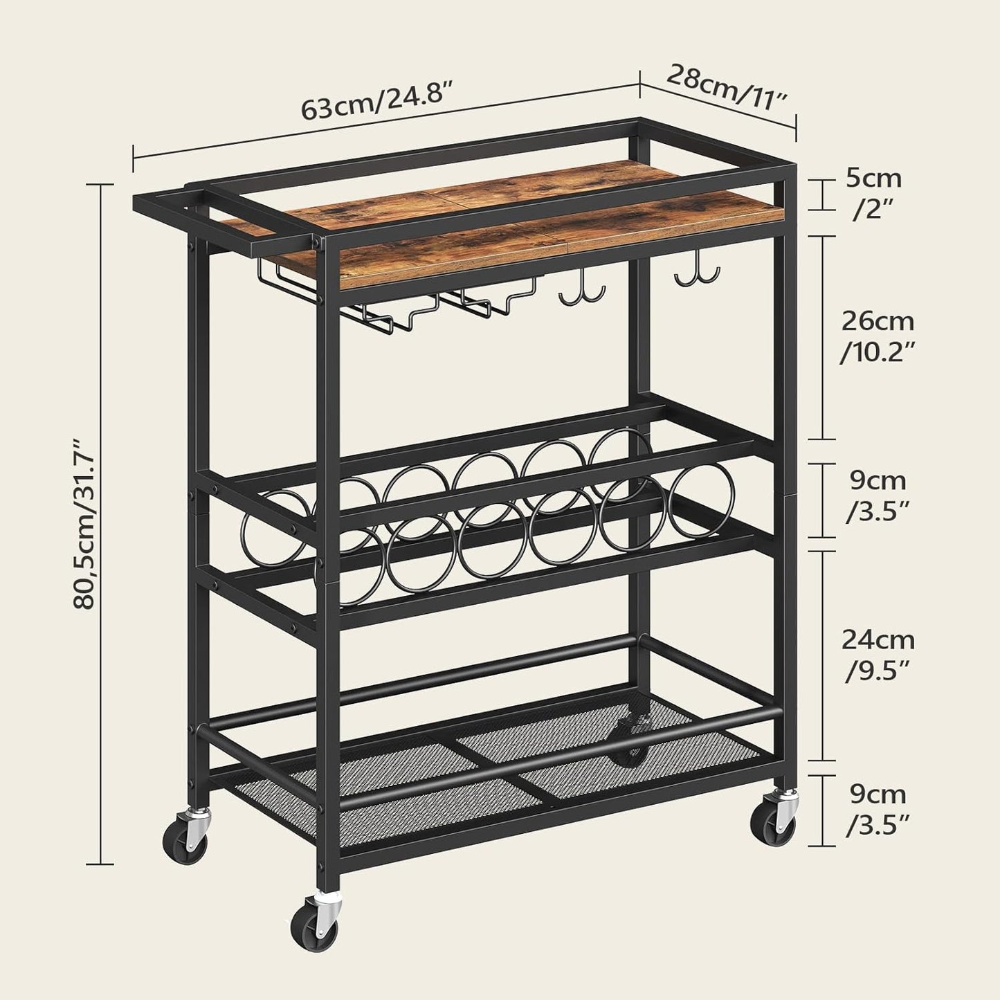 Bar Cart for Home, 3-Tier Serving Cart with Wine Rack, Rolling Wine Cart with Glass Holders, Beverage Cart, for Living Room, Dining Room, Rustic Brown and Black RCHR11801