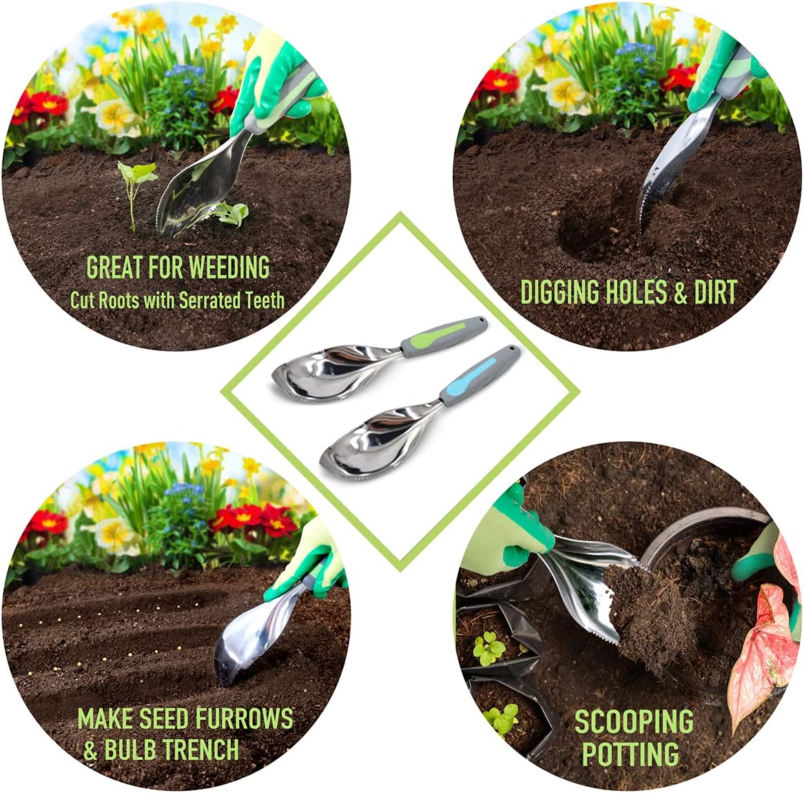 Jardineer 2Pack Garden Trowel, Stainless Steel Hand Shovel with Ergonomic Handle, Multi-Use Soil Scoops for Digging, Planting, Transplanting, Cultivating(Blue)