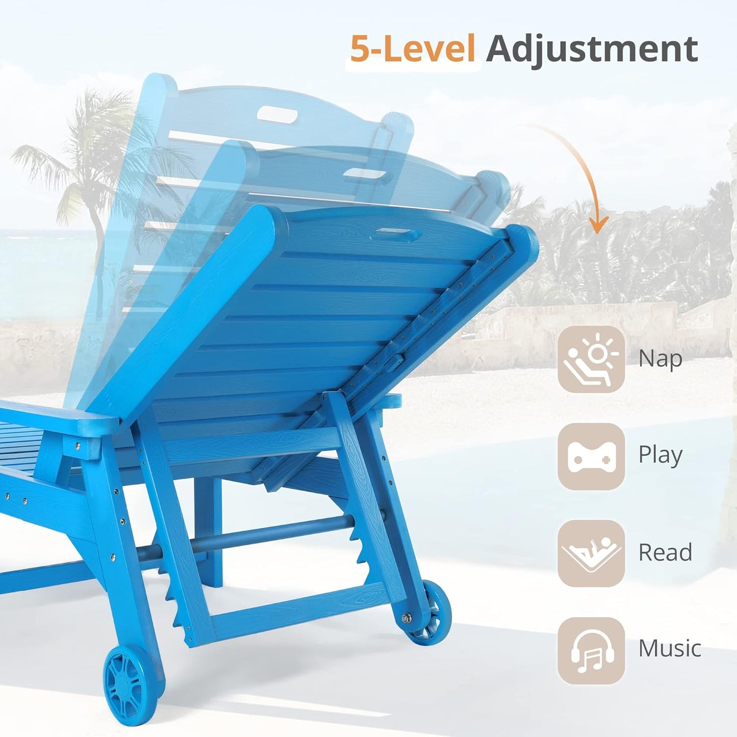 LUE BONA Chaise Lounge Chairs Set with Table, 3-Piece, 79'' Oversized HDPS Chaise Lounger, 5 Positions Adjustable Lounge Chairs, Pool Lounge Chair with Wheels for Poolside, 3 Year Warranty, Blue