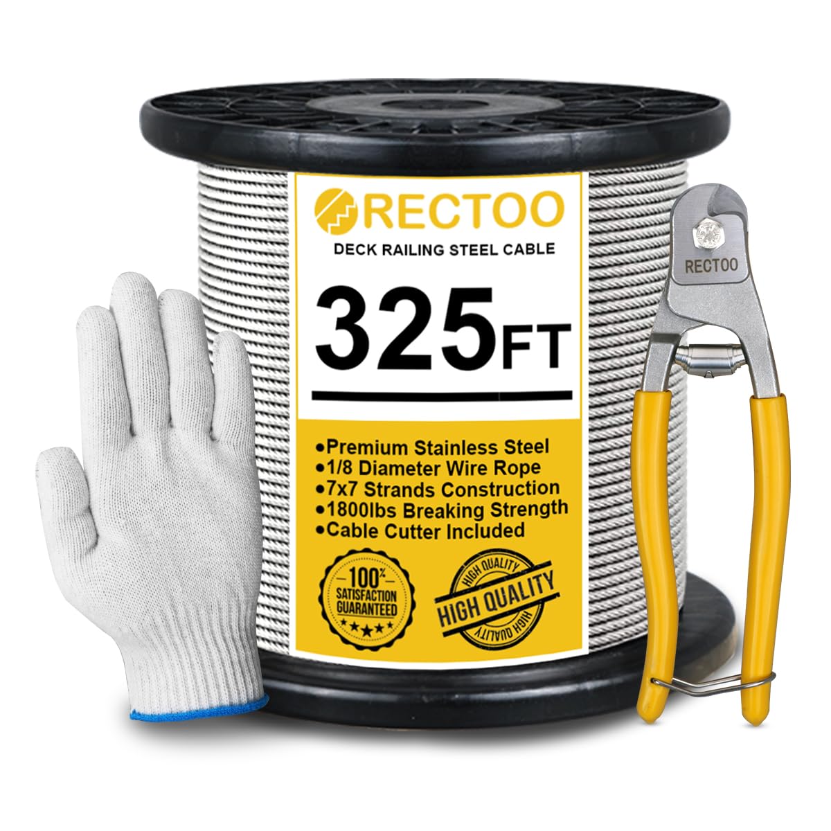 325FT 1/8" T316 Stainless Steel Cable with Cutter, 7x7 Strands Aircraft Wire Rope for Deck Railing, Stair Handrail, Porch Fence, High Strength for Indoor and Outdoor Use