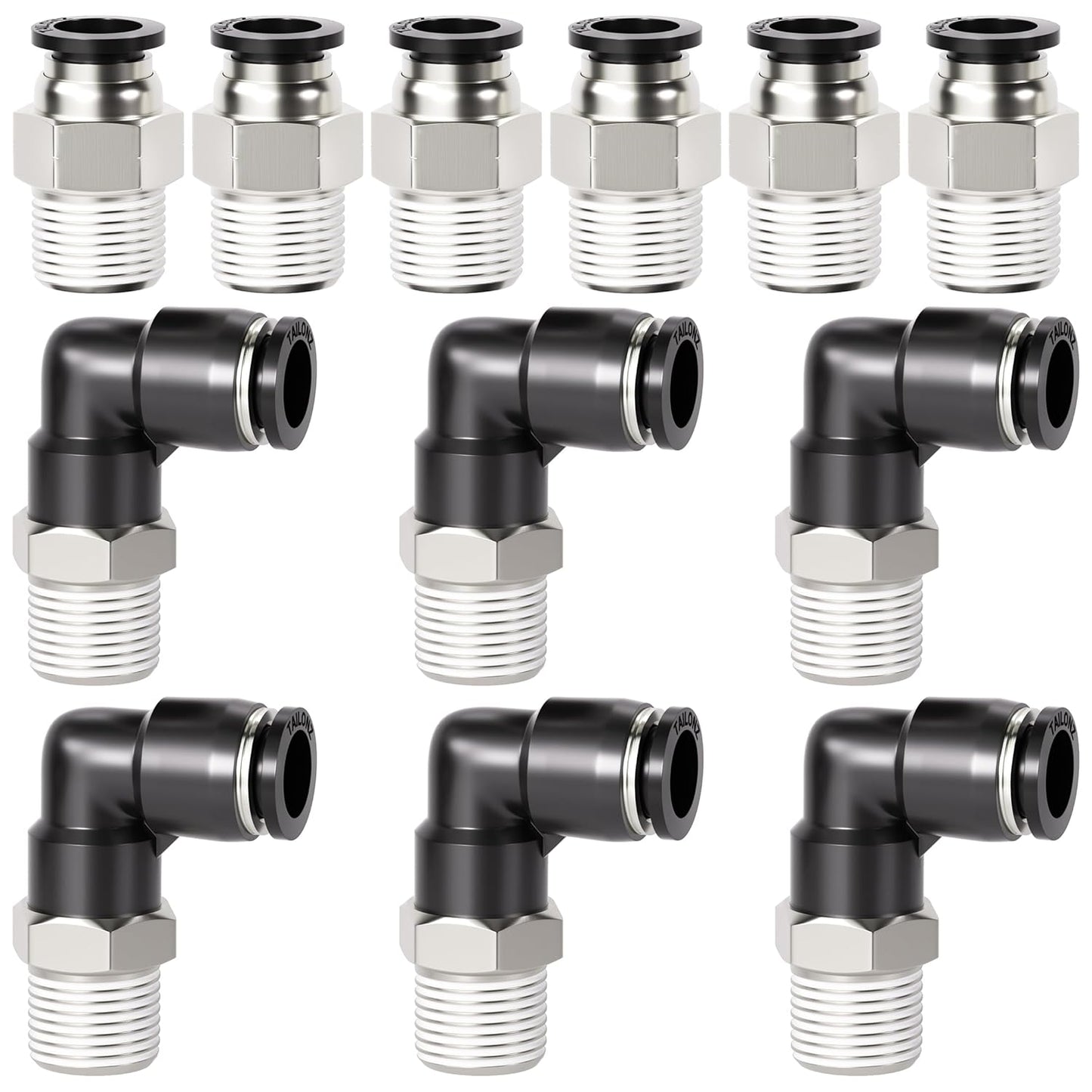 TAILONZ PNEUMATIC Elbow and Straight Combination 5/32 Inch Tube OD x 1/4 Inch NPT Thread Push to Connect Fittings PC-5/32-N2+PL-5/32-N2(Pack of 12)