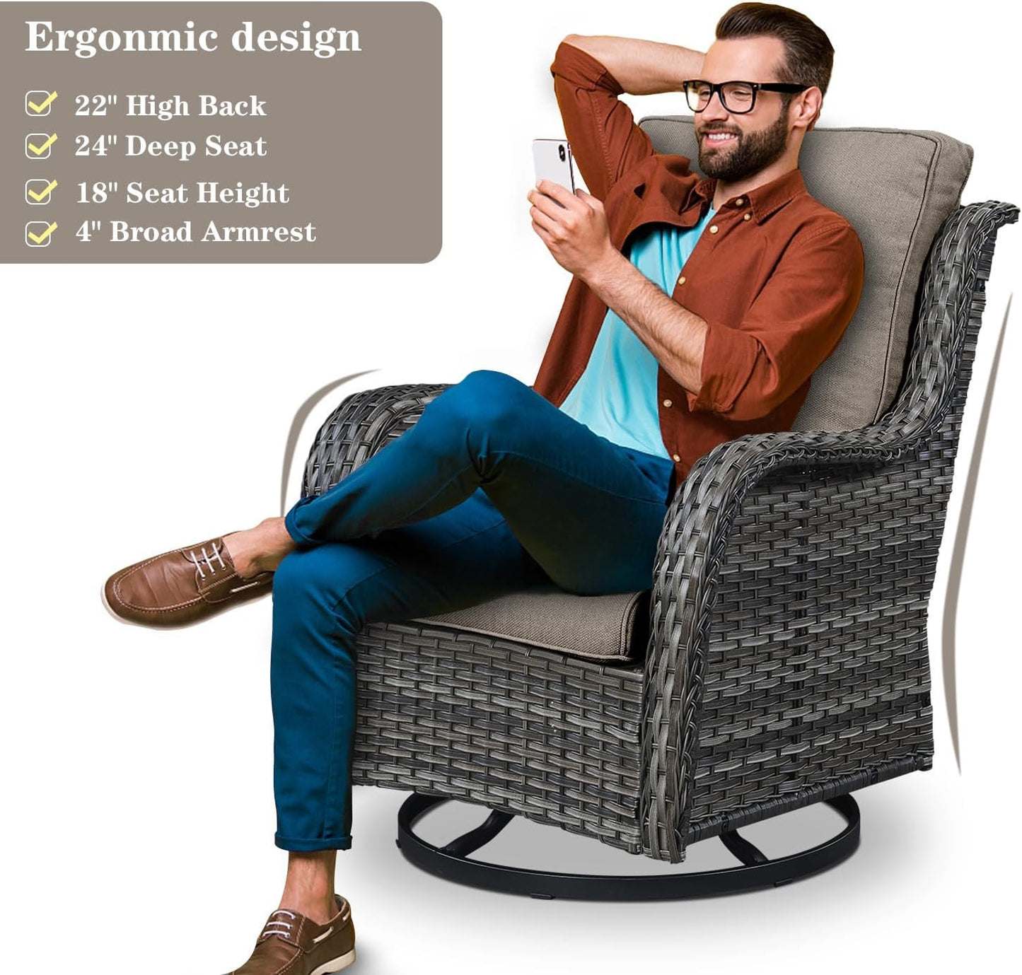 Wicker Outdoor Furniture Patio Furniture Set - 6 Piece Patio Conversation Set with Swivel Rocker Chairs, Rattan Sofa, Ottomans and Coffee Table, Gray Cushion