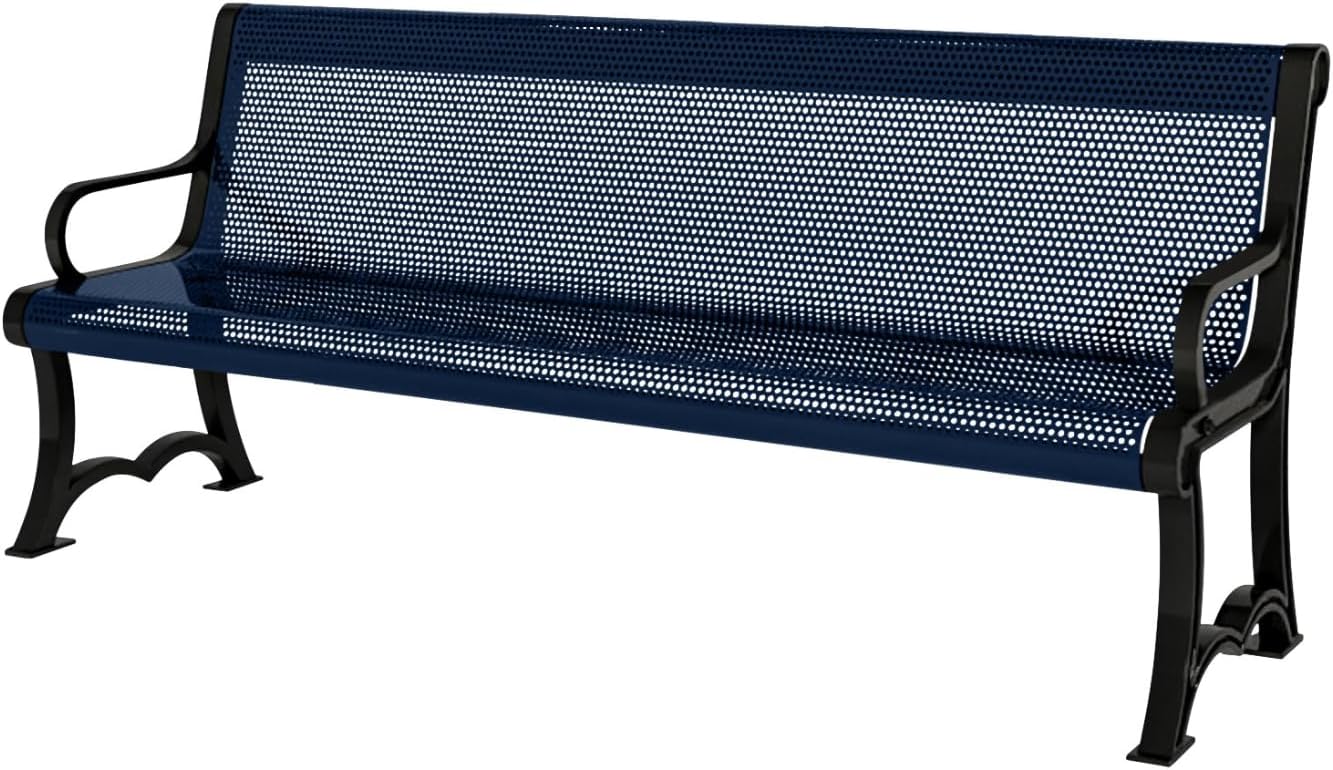 Heavy-Duty Outdoor Bench Thermoplastic Coated, Punched Steel, Commercial-Grade Garden Bench, Made in America (Portable with Back, 4 Ft, Textured Dark Blue)