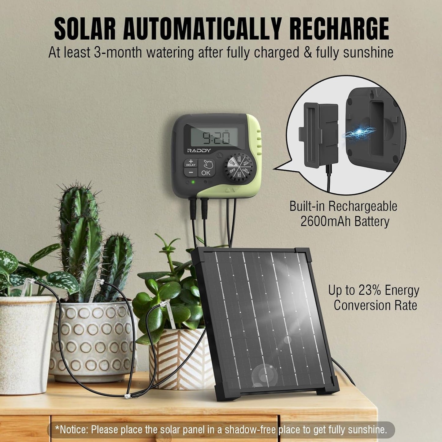 Raddy WS-1 Drip Irrigation Kit, 5W Solar Powered Automatic Watering System, Easy DIY Water Timer for Plants on The Balcony, Gardens, and Green House, Supported 15 Pots
