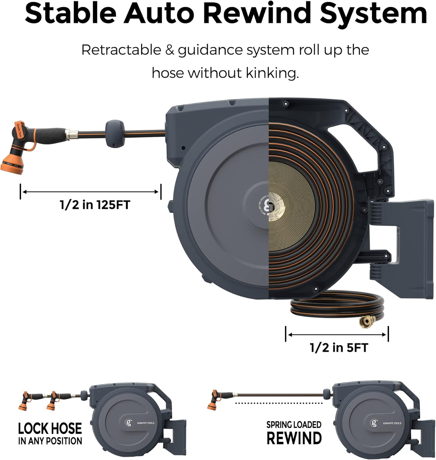 Giraffe Tools Metal Retractable Hose Reel 130 FT Wall Mounted Heavy Duty Hose Reel with 9 Pattern Nozzle 180 Deg Swivel, Metal Bracket Any Length Lock (1/2 130FT PRO, Dark Grey)