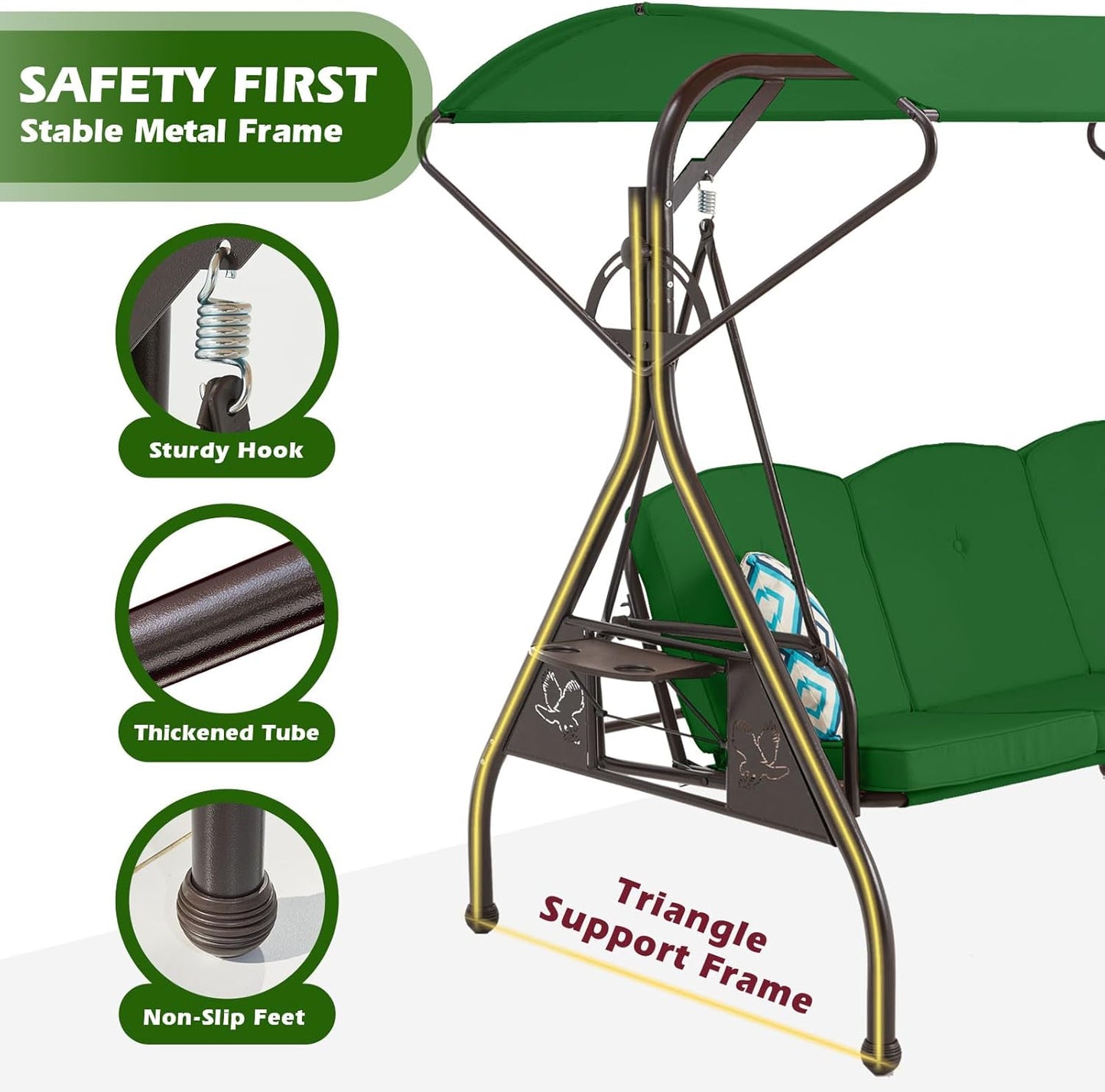 800LBS Patio Swing with Canopy 3 Seat Outdoor Porch Swing with Stand w/Cup Holder & Pillow Glider Chair Swing Bed for Patio Backyard Poolside (Green)