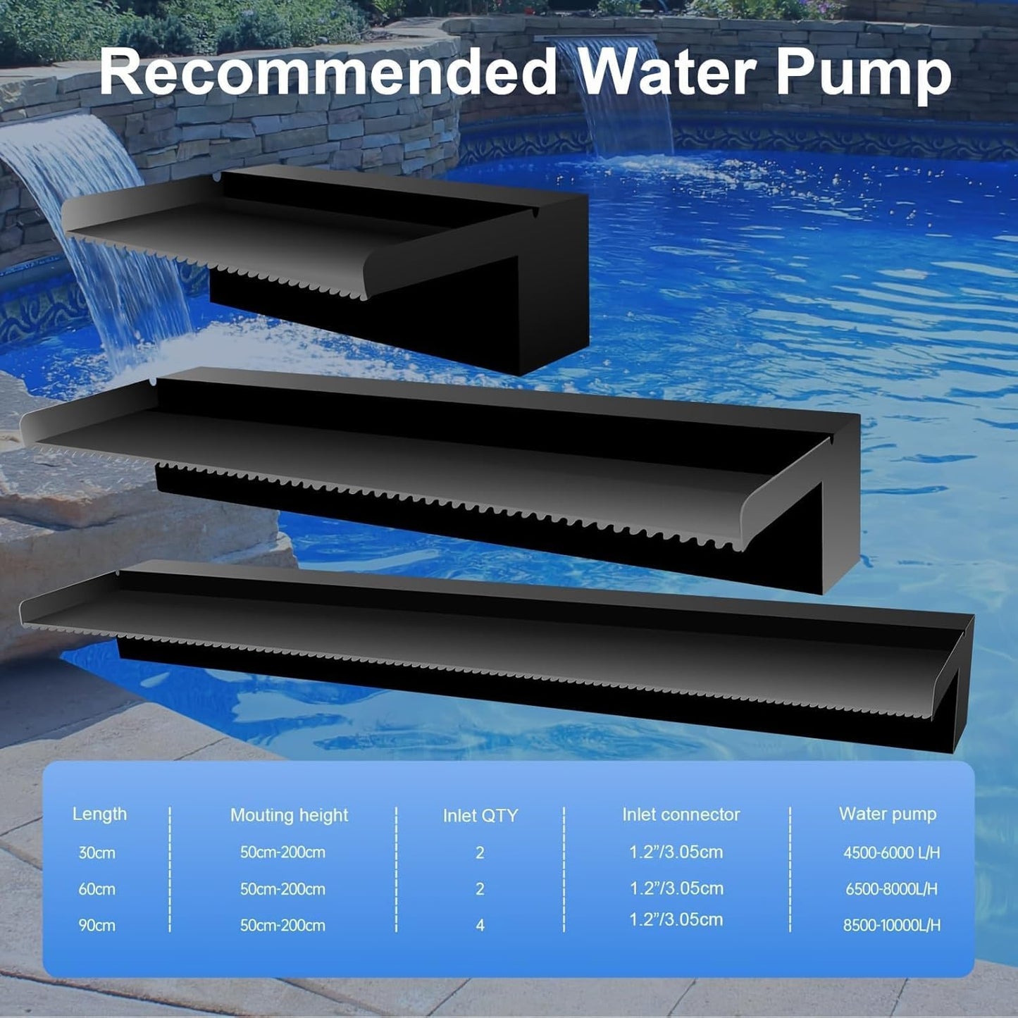Pool Fountain Stainless Steel Pond Waterfall Spillway Kits for Indoor/Outdoor Decorative, 24 Inches Black Pool Water Feature for Garden Patio, Backyard Koi Pond Decor(No LED Light)