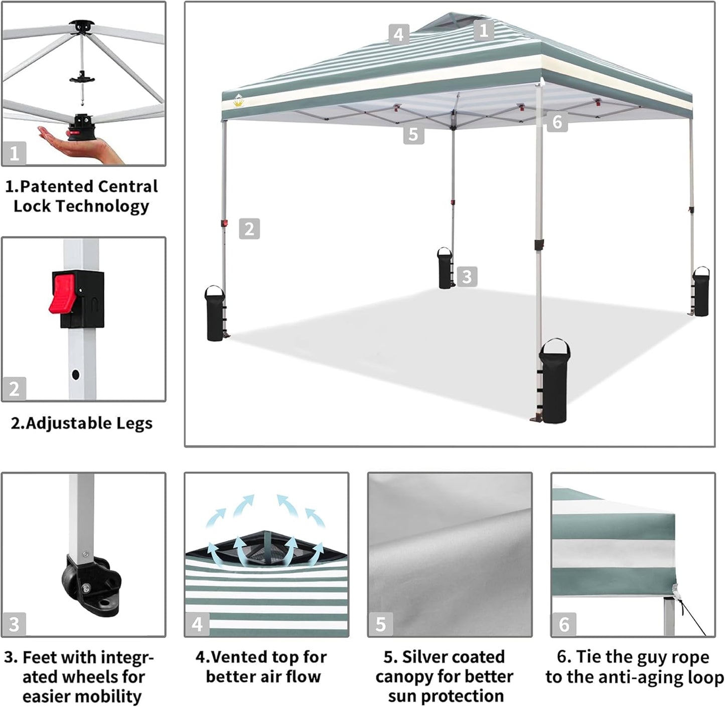 CROWN SHADES 10x10 Pop Up Canopy - Beach Tent with One Push Setup - Easy Outdoor Sun Shade for Events, Parties, Camping - Gazebo with STO-N-Go Cover Bag, Silver Coated Top, Cyan Blue Stripes
