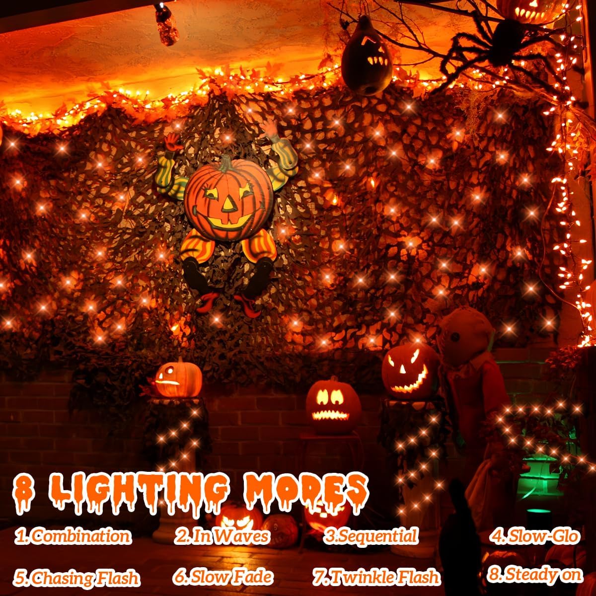 YEGUO Orange Solar Halloween Lights Outdoor Waterproof, 4 Pack Each 33ft 100 LED Solar Fairy Lights, 8 Modes Solar String Lights