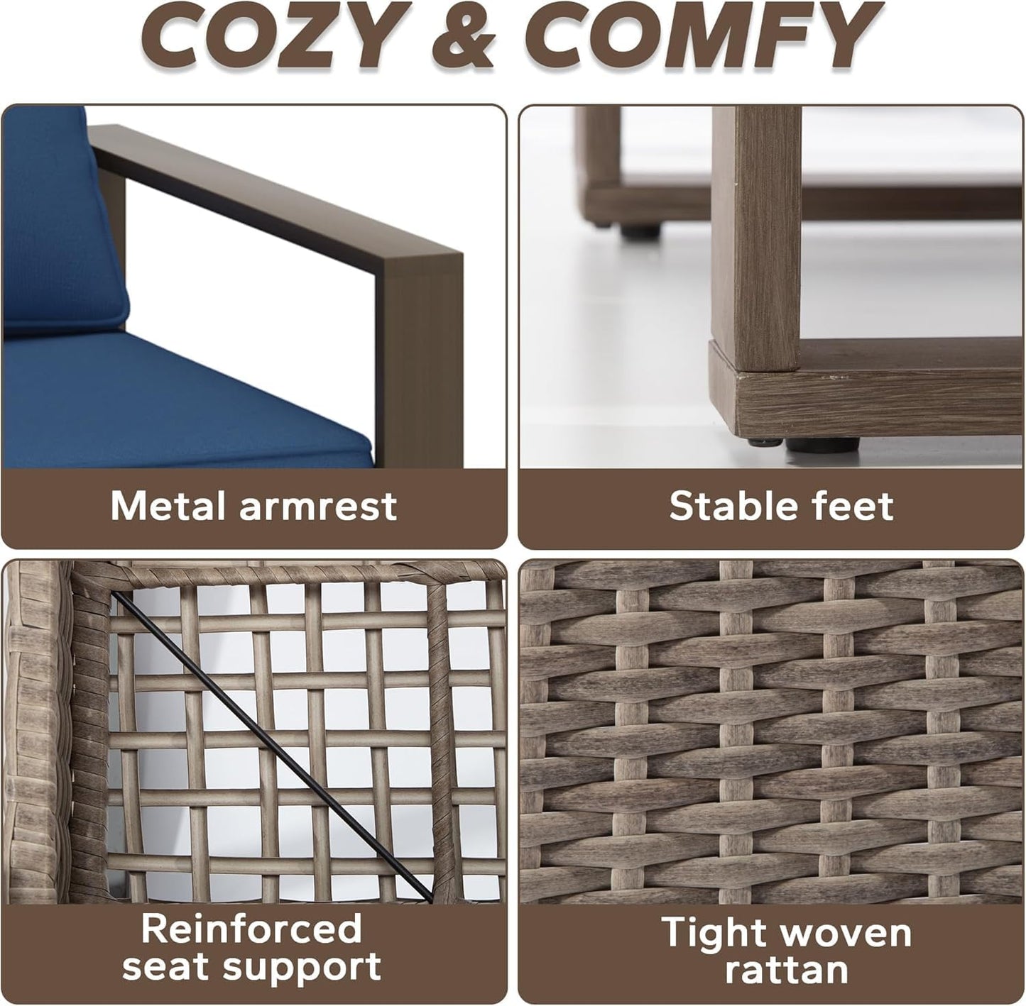 5 Pieces Metal Wicker Patio Furniture Set - 75" Sofa, Two Armchairs and Two Ottomans, All Weather Rattan Outdoor Conversation Furniture with Washable Cushion for Deck Porch, Dark Blue